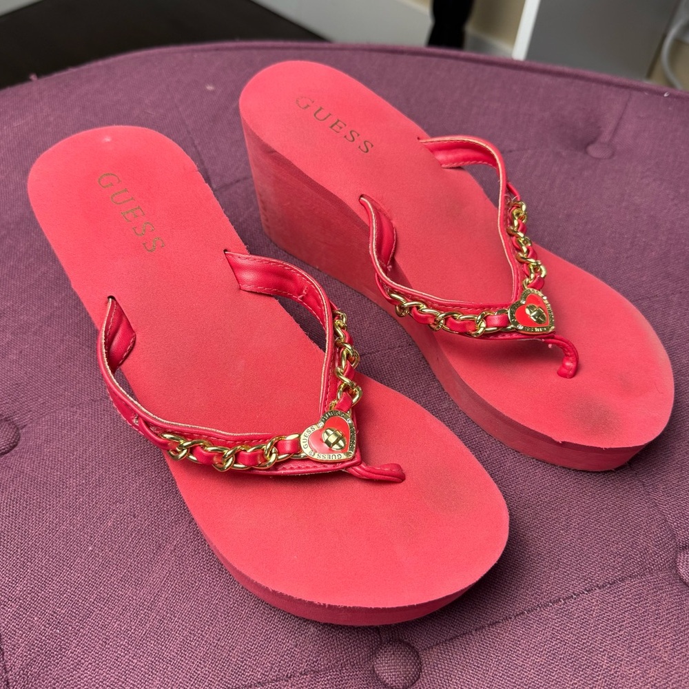 Guess Women's Pink Wedge Sandals with Gold Chain Heart Y2K See description